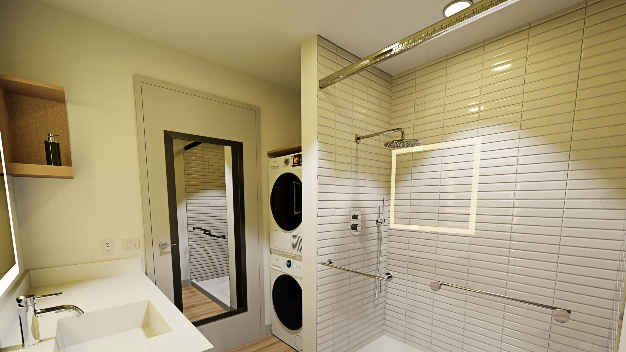 Bathroom with a shower, sink, and laundry machines