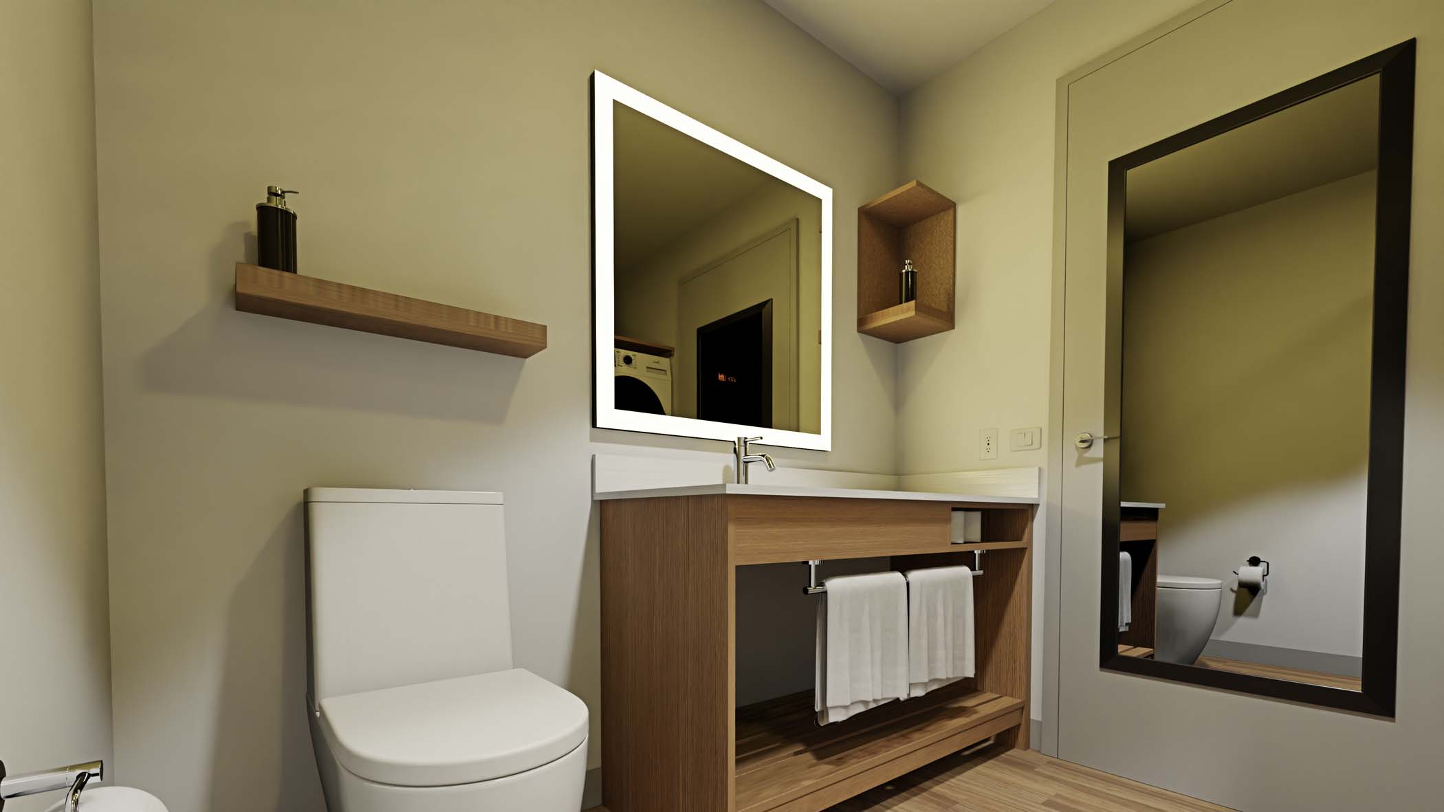 Bathroom with a toilet, sink, and wall mirror