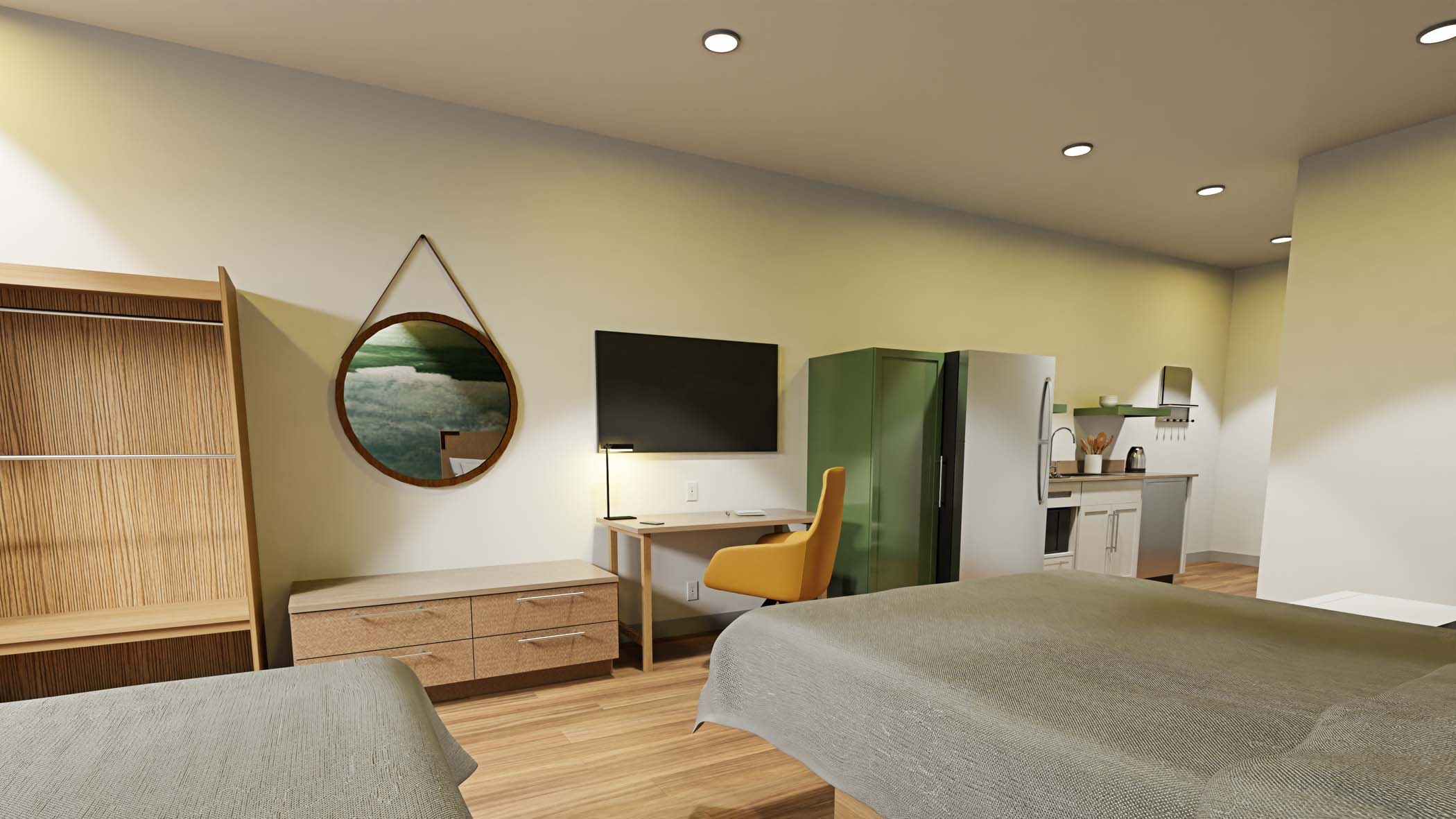 Double Queen room with two queen beds, a work desk, and kitchen