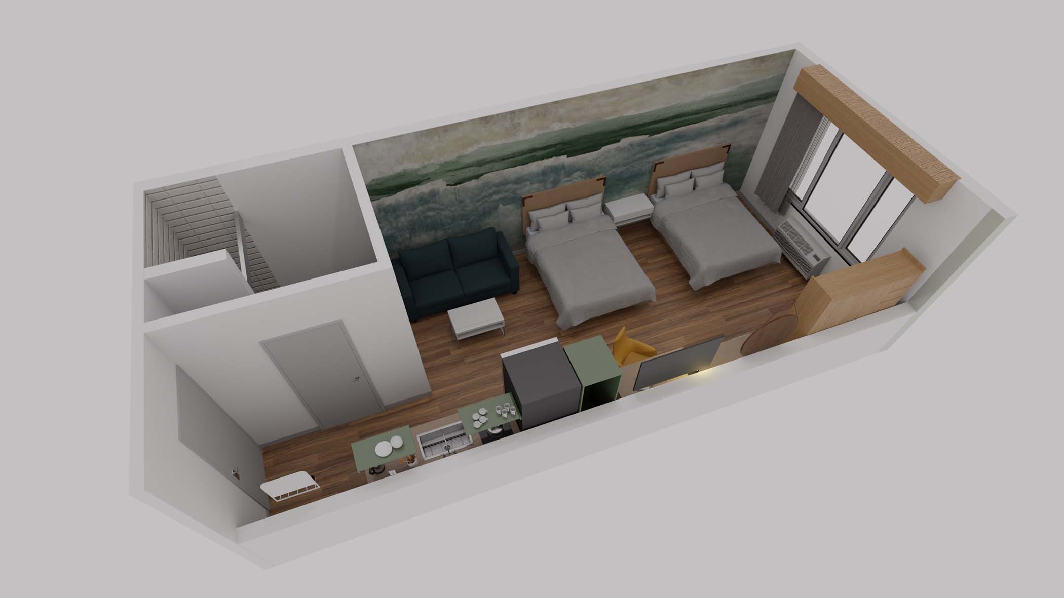 Isometric view of the Double Queen guestroom