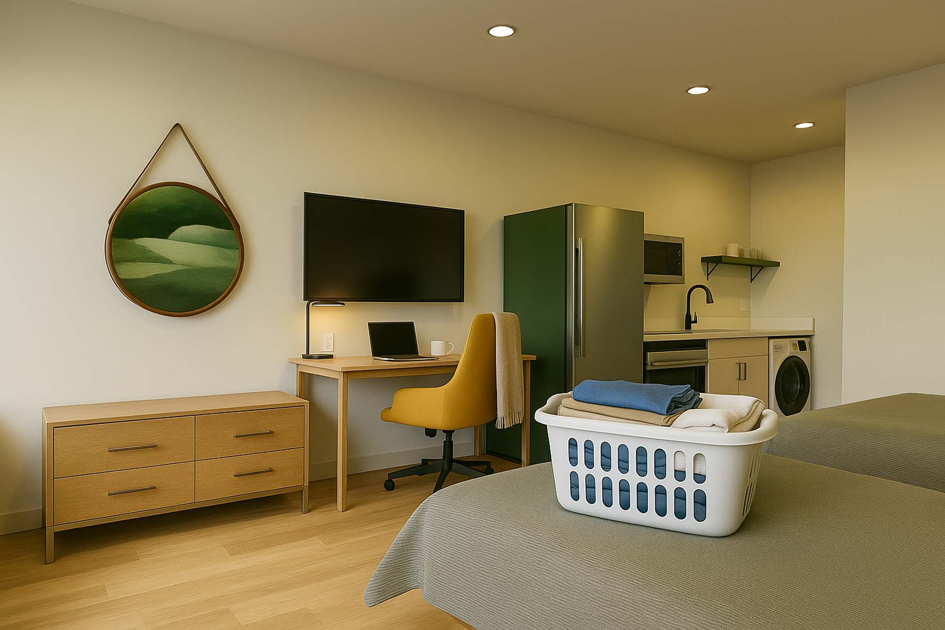 Double Queen guestroom with a laundry basket on the bed