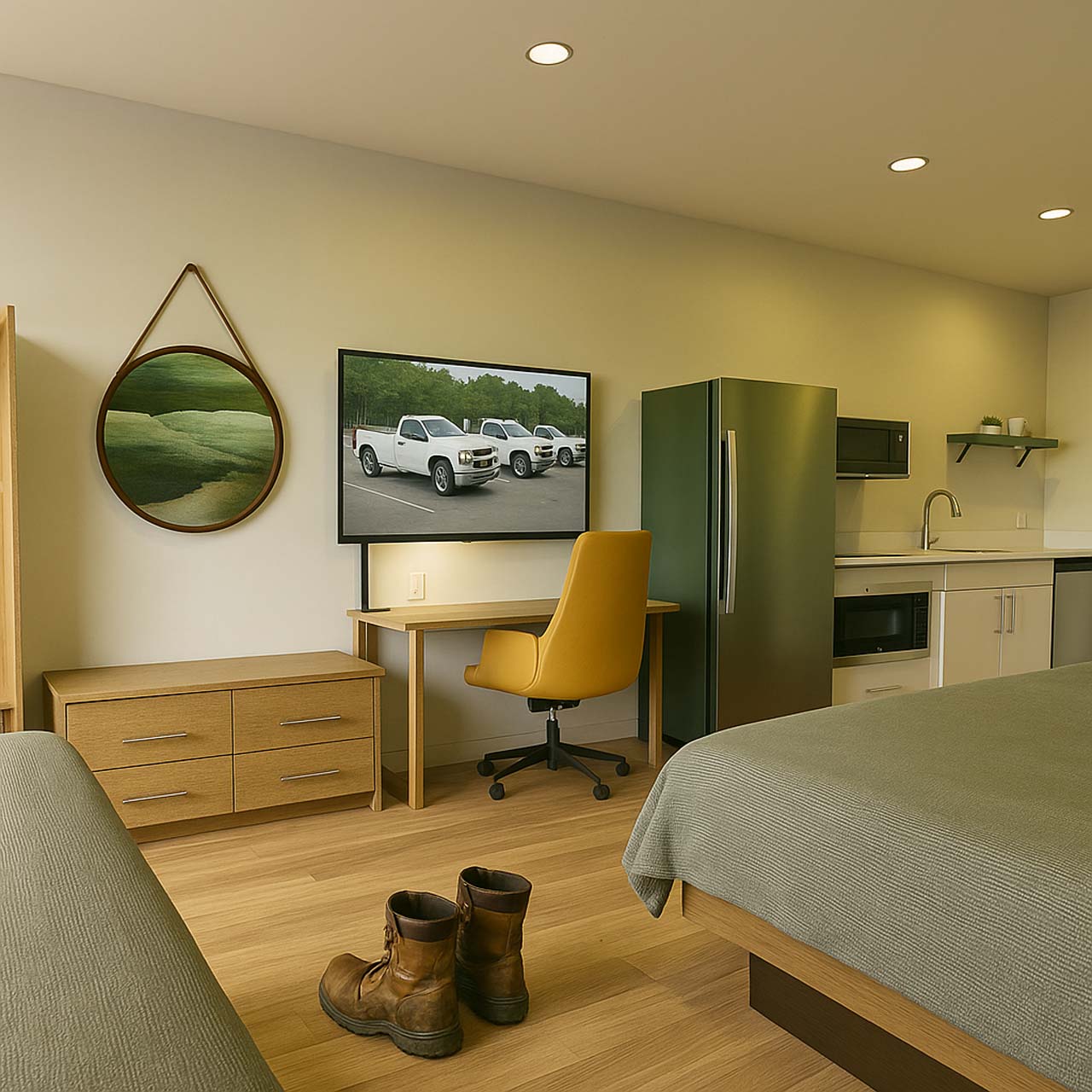Double Queen room with security cam footage on the TV
