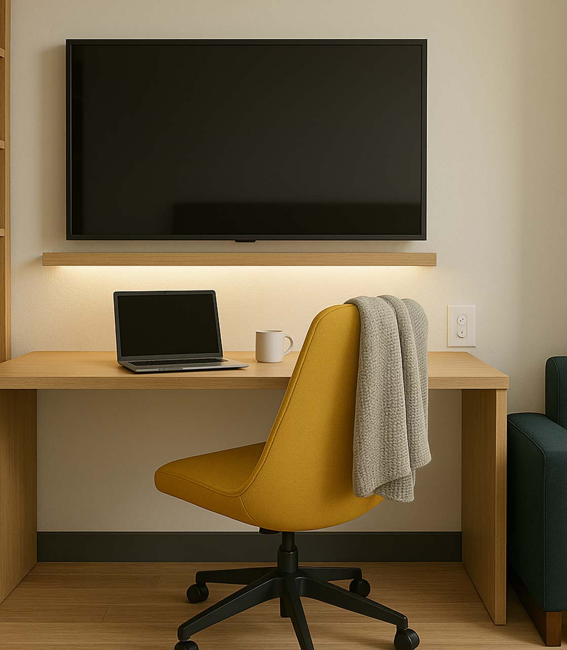 Work desk with a yellow chair and a TV on the wall